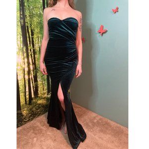 Fashion Nova Dark Green Strapless Velvet Long Dress